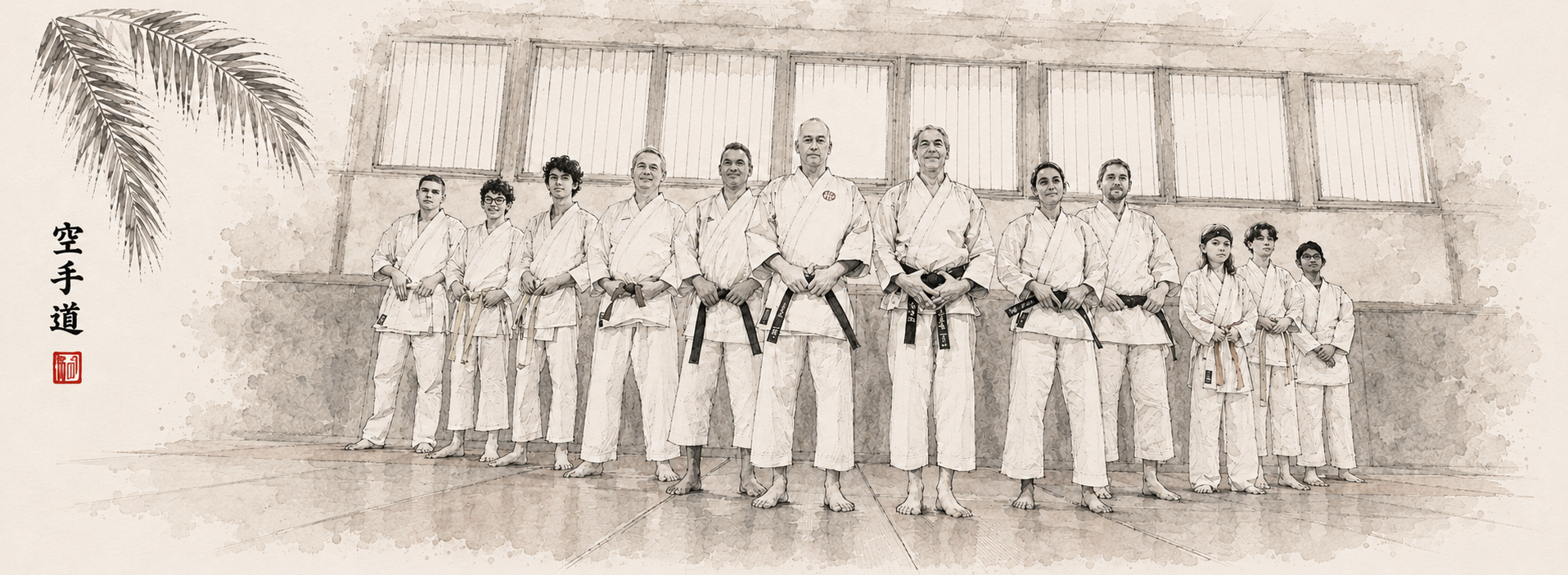 Croquis du groupe du dojo dans un style aquarelle japonaise