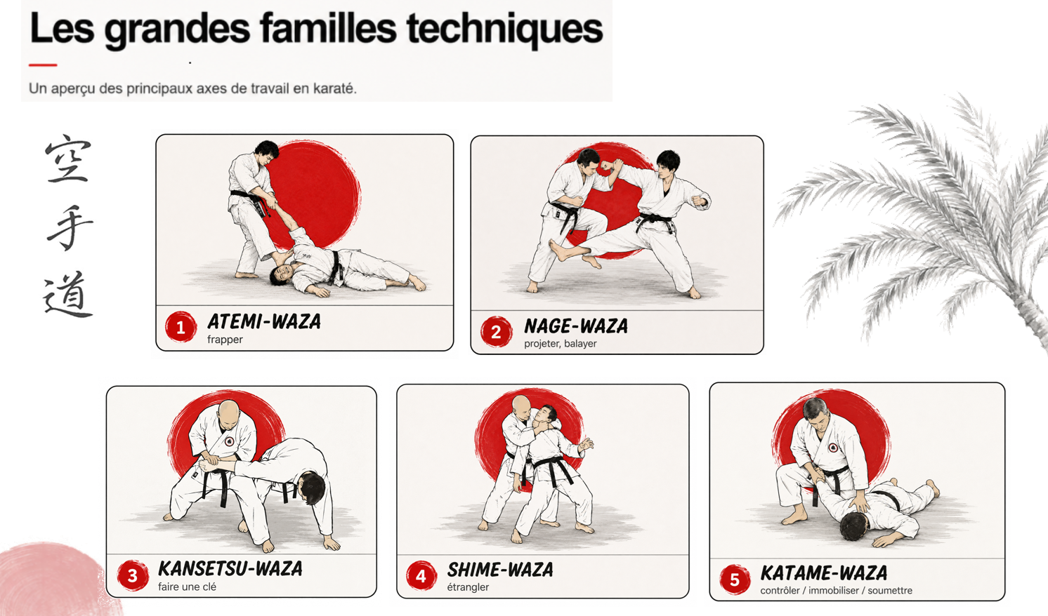 Les grandes familles techniques du karaté : atemi-waza, nage-waza, kansetsu-waza, shime-waza et katame-waza
